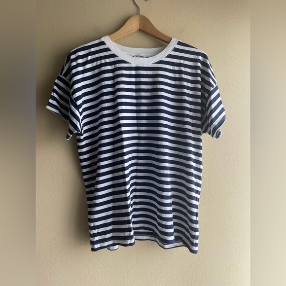 New J.Crew Navy and White Striped Women Shirt Size Large - Picture 1 of 8